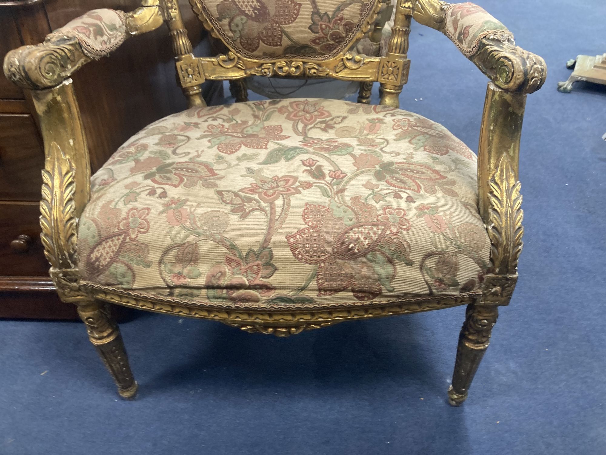 A pair of Louis XVI design giltwood and gesso open armchairs, width 66cm, depth 60cm, height 96cm